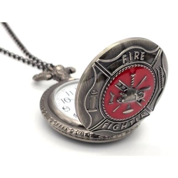 Firefighter Pocket Watch – Vintage Look Silver Red Fireman Gift First Responder - Picture 2 of 10